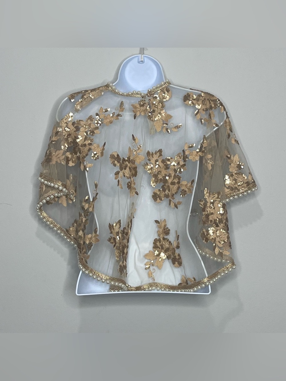 Vintage Shawl Gold Sequin Pearl Bead Embellished Women Cape Shrug Wrap Size 32 - Picture 2 of 12